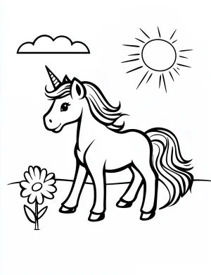 Unicorn with Flower and Sun Coloring Page