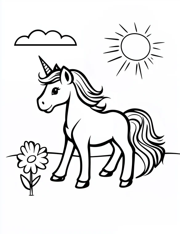 Unicorn with Flower and Sun Coloring Page