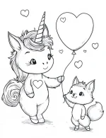 Unicorn with Fox Heart Balloon Friendship Coloring Page