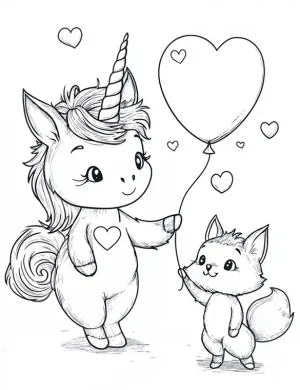 Unicorn with Fox Heart Balloon Friendship Coloring Page