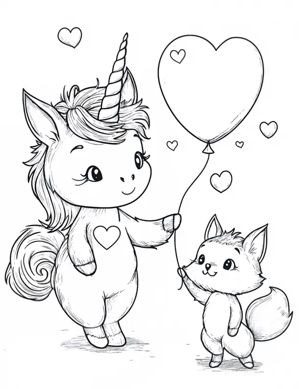Unicorn with Fox Heart Balloon Friendship Coloring Page