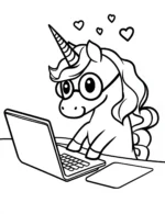 Unicorn with Glasses Sitting at a Table with Laptop Coloring Page