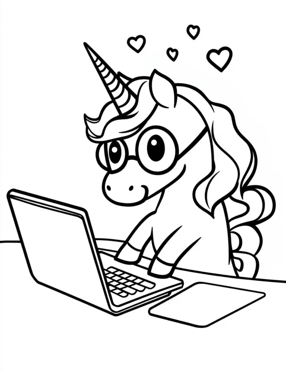 Unicorn with Glasses Sitting at a Table with Laptop Coloring Page