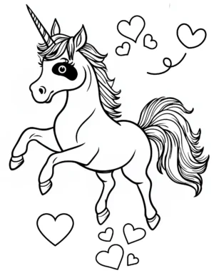 Unicorn with Hearts and Playful Pose Coloring Page