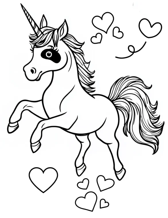 Unicorn with Hearts and Playful Pose Coloring Page