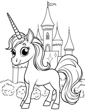 Unicorn with Large Eyes, Flowing Mane and Castle Background Coloring Page