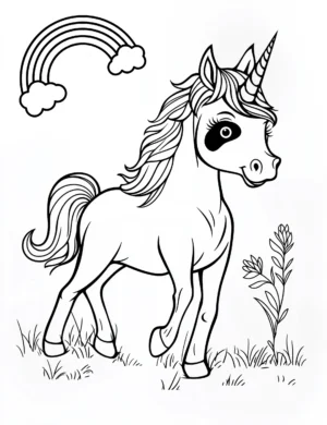 Unicorn with Rainbow and Stars in Playful Pose Coloring Page