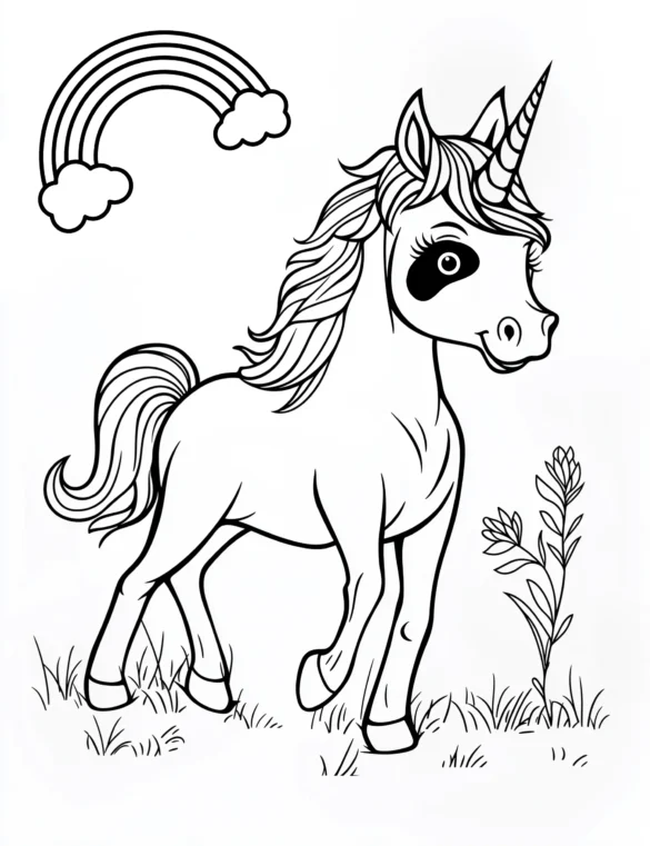 Unicorn with Rainbow and Stars in Playful Pose Coloring Page
