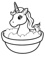 Unicorn with Wavy Mane Sitting in a Rounded Bowl Coloring Page