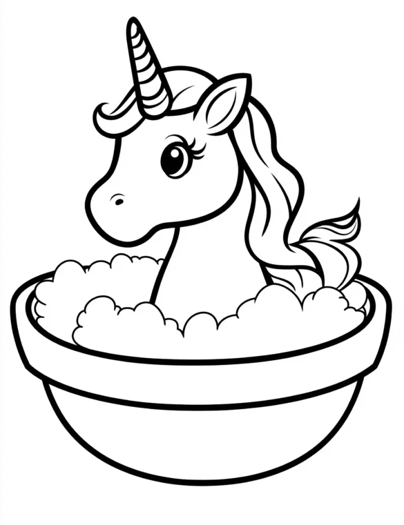 Unicorn with Wavy Mane Sitting in a Rounded Bowl Coloring Page