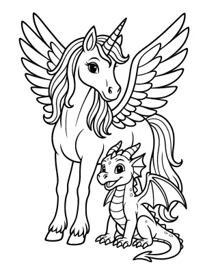 Unicorn with Wings and Dragon Duo Coloring Page