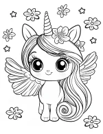 Unicorn with Wings and Flowers Coloring Page