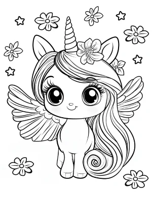 Unicorn with Wings and Flowers Coloring Page