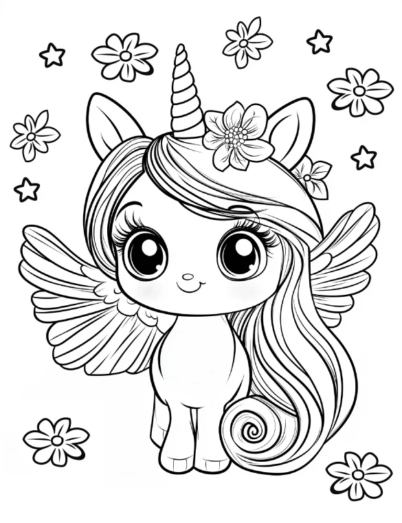 Unicorn with Wings and Flowers Coloring Page