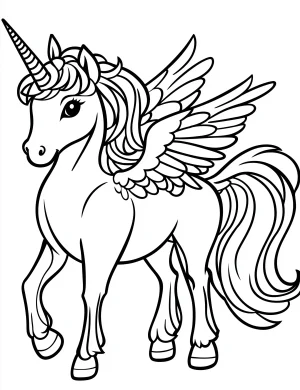 Unicorn with Wings and Rainbow Mane Coloring Page