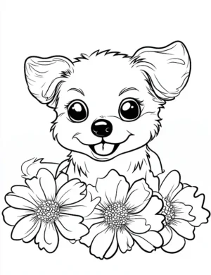 Unique Cheerful Puppy Nestled Among Flowers Flower Coloring Page By Mindset Flow