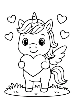 Valentine's Day Unicorn Holding Heart with Love Hearts Coloring Page