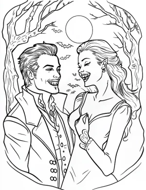 Vampire Couple Laughing Under Moonlight Coloring Page by Mindset Flow