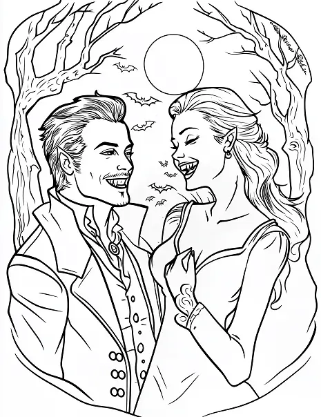 Vampire Couple Laughing Under Moonlight Coloring Page by Mindset Flow