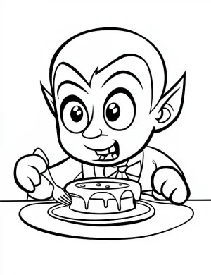 Vampire Eating Cake with Sweet Smile Halloween Coloring Page by Mindset Flow