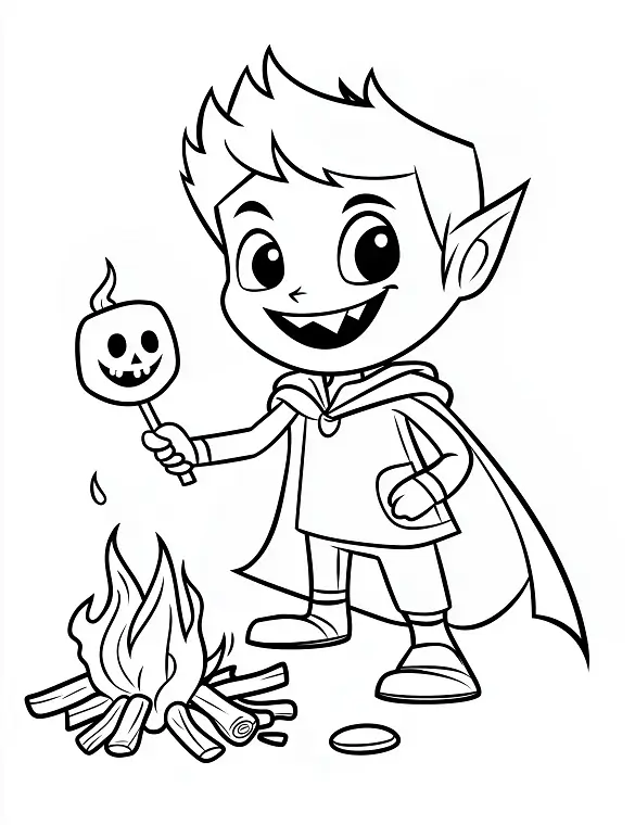 Vampire Roasting Ghost Shaped Marshmallow Coloring Page by Mindset Flow