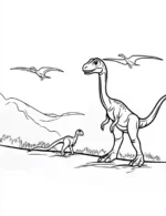 Velociraptor Pack Chasing Prey with Flying Pterosaurs in Prehistoric Landscape Coloring Page