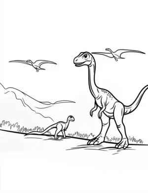 Velociraptor Pack Chasing Prey with Flying Pterosaurs in Prehistoric Landscape Coloring Page