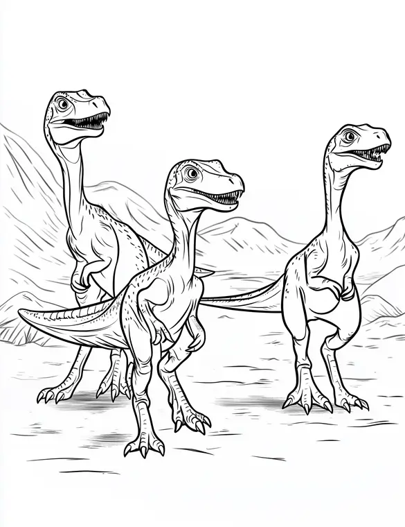 Velociraptor Pack on the Hunt Coloring Page