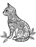 Vibrant Abstract Floral Cat Sitting On Branch Pattern Coloring Page by Mindset Flow