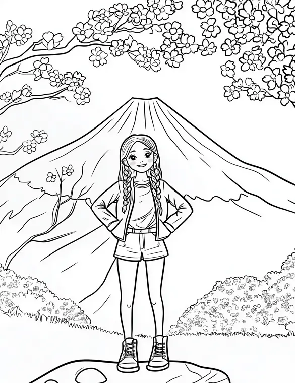 Volcanic Horizon Girl Surrounded by Nature Adult Coloring Page By Mindset Flow
