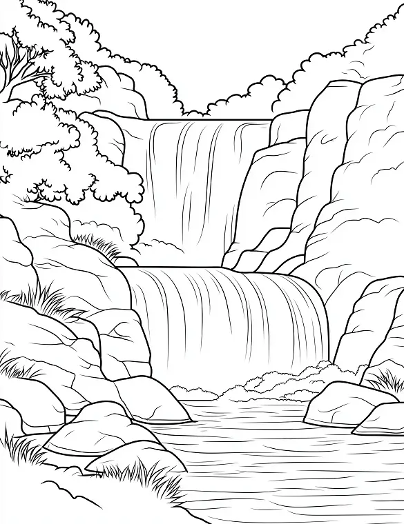 Waterfall Surrounded By Lush Greenery Nature Adult Coloring Page By Mindset Flow