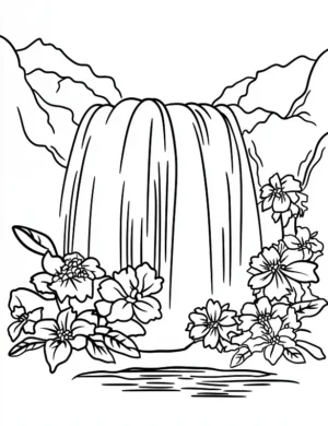 Waterfall With Blooming Flower Coloring Page By Mindset Flow
