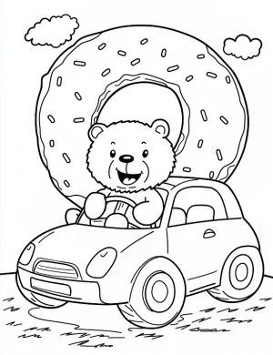 Whimsical Bear Driving Donut Car Coloring Page by Mindset Flow
