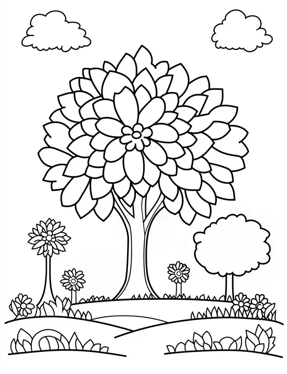 Whimsical Botanical Tree and Flowers Landscape Printable Coloring Page