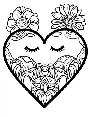 Whimsical Cartoon Heart with Flowers and Peaceful Mandala Design Coloring Page by Mindset Flow