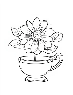 Whimsical Flower Growing in a Teacup Coloring Page