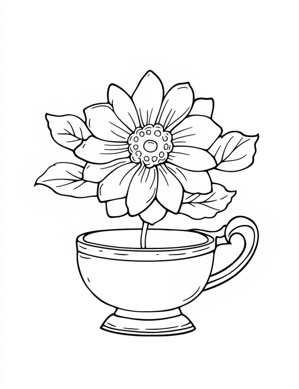 Whimsical Flower Growing in a Teacup Coloring Page