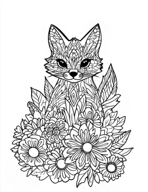 Whimsical Fox Surrounded by Blooming Wildflowers with Intricate Mandala Details Coloring Page by Mindset Flow
