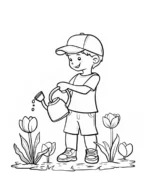 Whimsical Garden Boy Watering Flowers Coloring Page