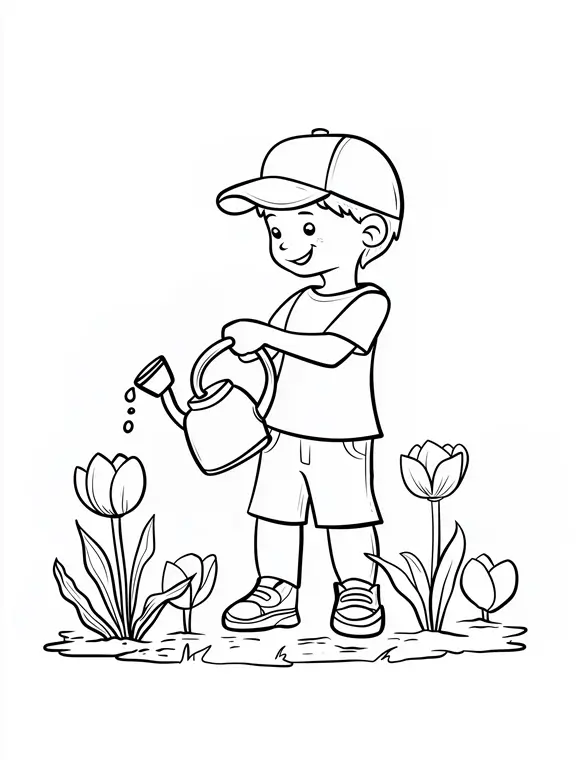 Whimsical Garden Boy Watering Flowers Coloring Page