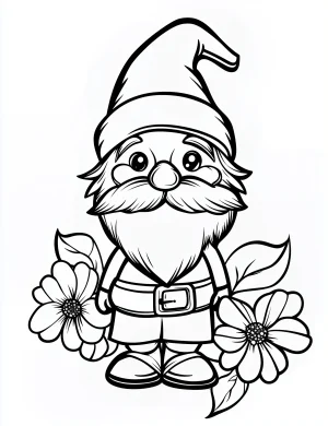 Whimsical Garden Gnome Holding Flowers Coloring Page