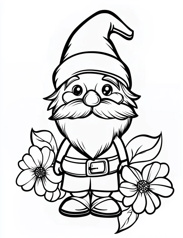 Whimsical Garden Gnome Holding Flowers Coloring Page