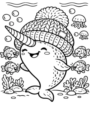Whimsical Narwhal in Beanie Hat Coloring Page By Mindset Flow
