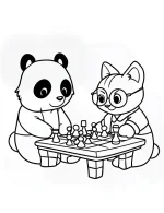 Whimsical Panda and Cat Playing Chess Coloring Page by Mindset Flow