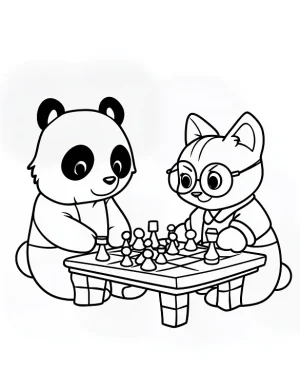 Whimsical Panda and Cat Playing Chess Coloring Page by Mindset Flow
