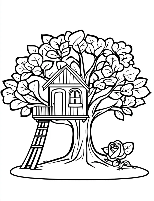 Whimsical Treehouse with Blooming Rose Coloring Page