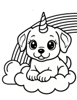 Whimsical Unicorn Puppy on Cloud with Rainbow Coloring Page