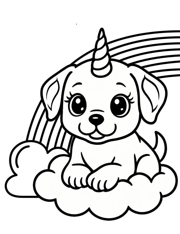 Whimsical Unicorn Puppy on Cloud with Rainbow Coloring Page
