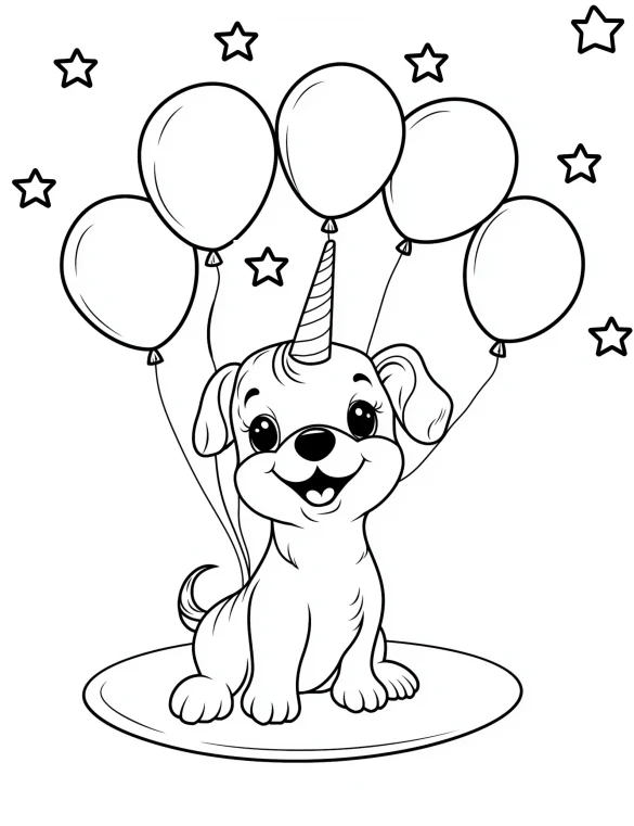 Whimsical Unicorn Puppy with Balloons and Stars Coloring Page