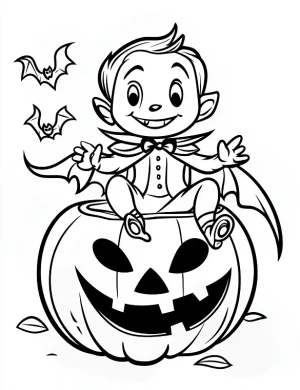 Whimsical Vampire Character Sitting On a Pumpkin Coloring Page by Mindset Flow